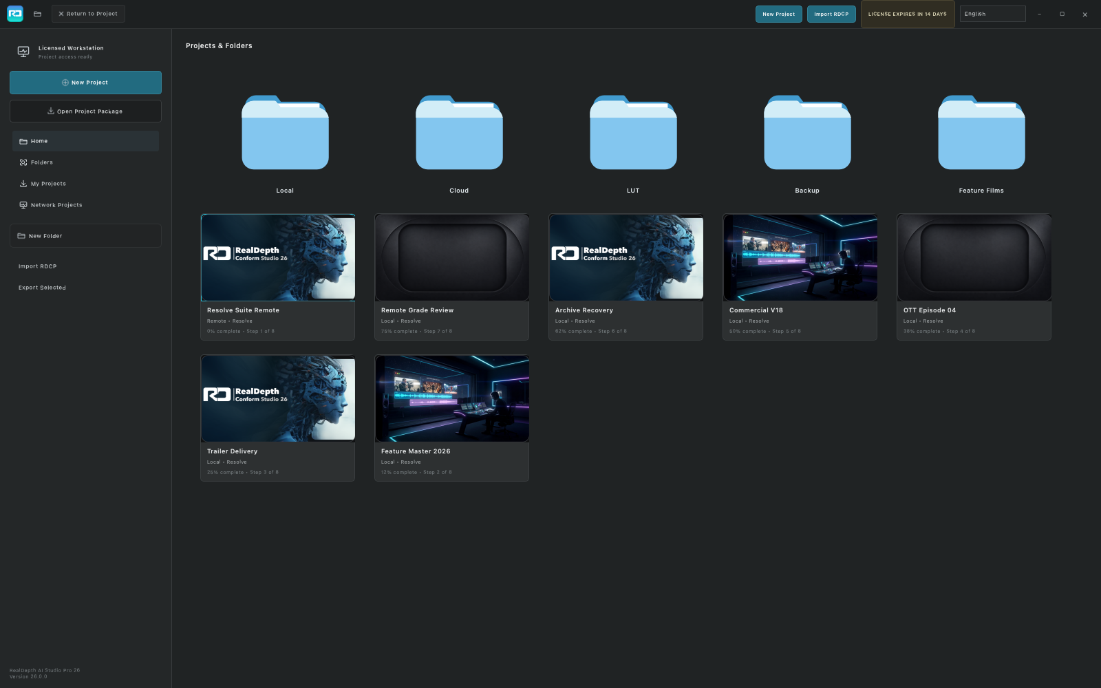 RealDepth Project Manager with rounded project cards