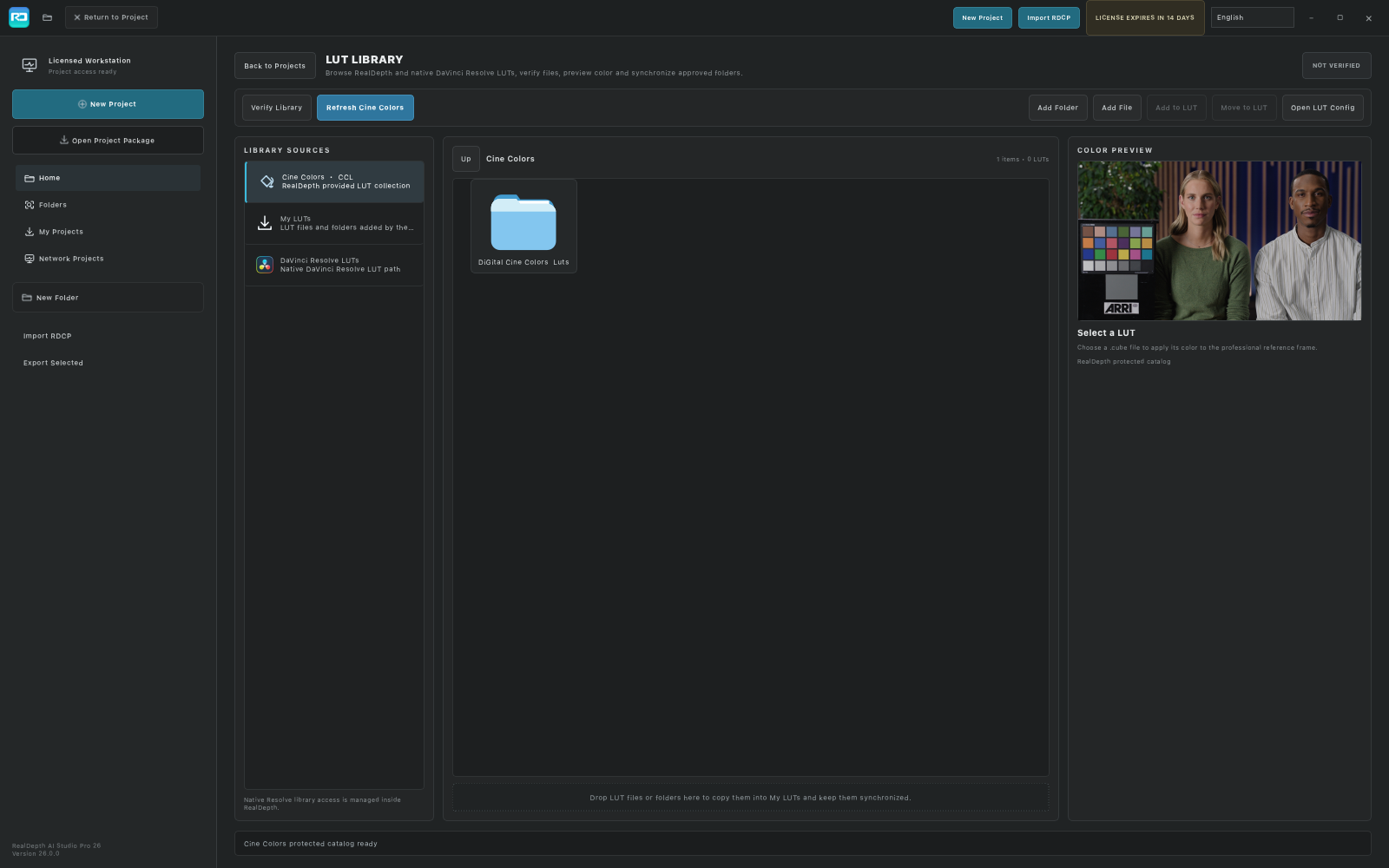 Protected Cine Colors browser with graded reference thumbnails and no provider path